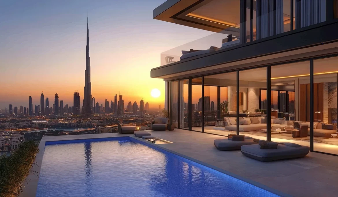Rooftop balcony ideas featuring a luxury infinity pool and modern lounge furniture overlooking a sunset view of the Dubai skyline and Burj Khalifa.