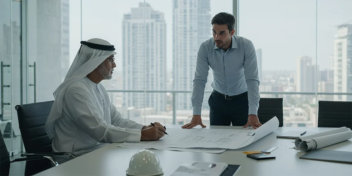 An architect and a businessman in traditional Emirati attire reviewing architectural blueprints on a large white table in a modern high-rise office. The scene represents the collaborative process of an interior fit out company in UAE, featuring a backdrop of the Dubai skyline.