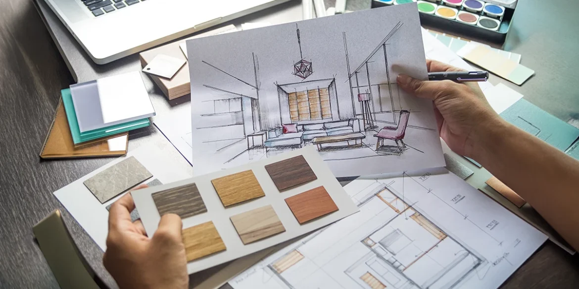 Interior fit out services showcasing an interior design concept with floor plans, room sketches, material samples, and furniture selections for a modern space.