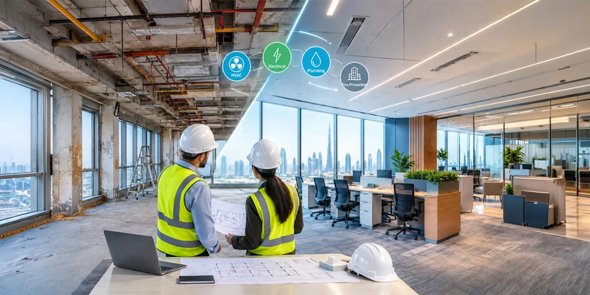 Engineers reviewing blueprints for HVAC, Electrical, Plumbing, and Fire Protection systems by MEP fit out companies in Dubai before and after office renovation.