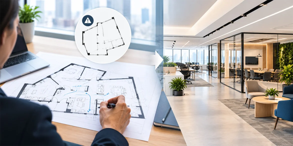 Commercial Space Design concept showing an architect reviewing an office floor plan and transforming it into a modern commercial workspace with glass partitions, open office areas, meeting rooms, and contemporary furnishings.